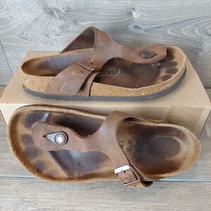 Birkenstock Gizah Sandal Women 6 Brown Oiled Leather Strappy Slip On Thong Slide